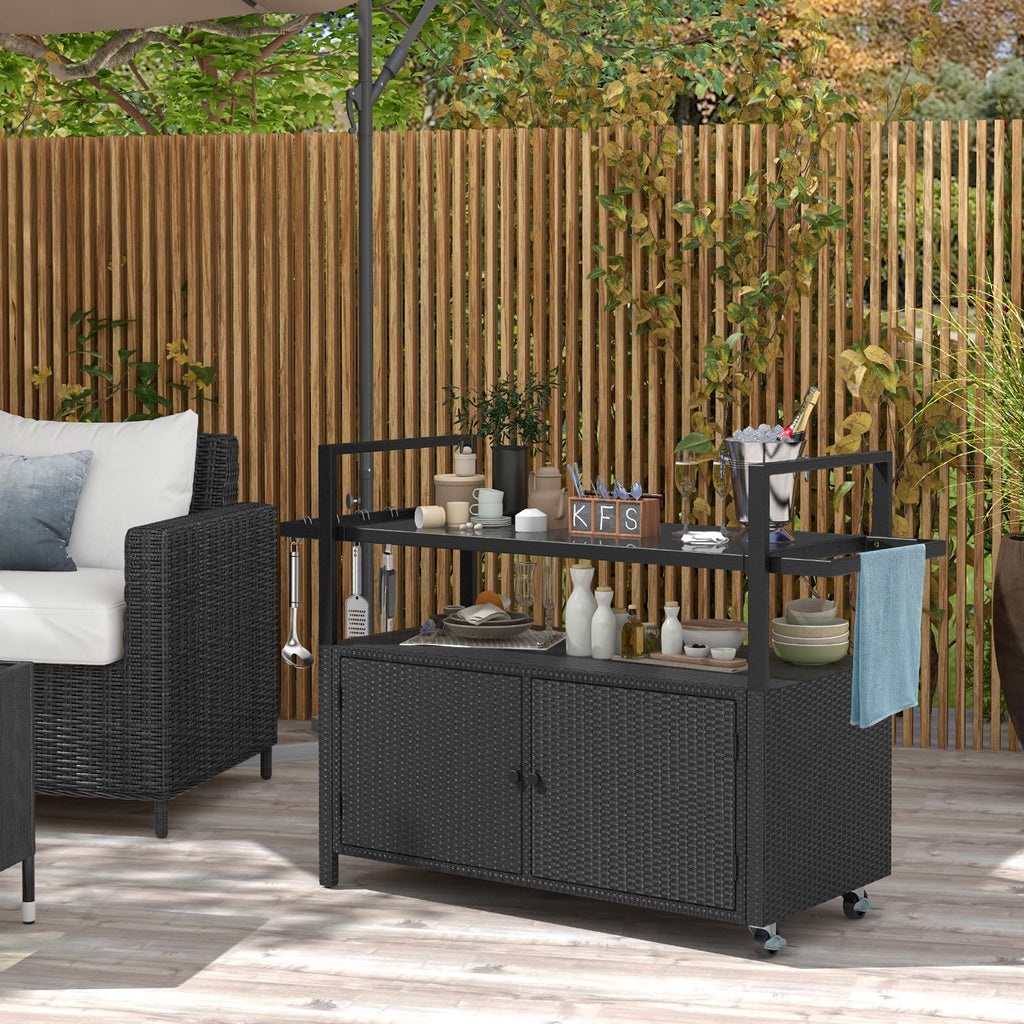 Wicker Rolling Outdoor Bar Cart with Tempered Glass Table, Black