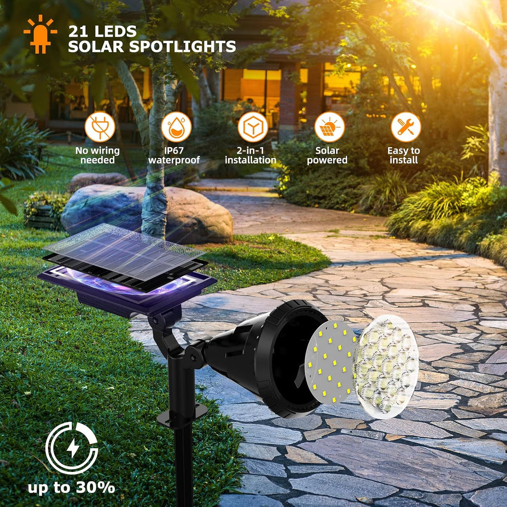 Spot Lights Outdoor, 21 LEDs Solar Outdoor Lights Auto On/Off with 3 Modes, IP67 Waterproof Yard Spotlight Landscape