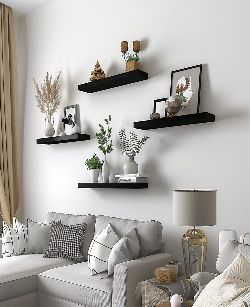 Wood Floating Shelves for Wall, Wooden Wall Shelves, Set of 6 Black 17 Inch