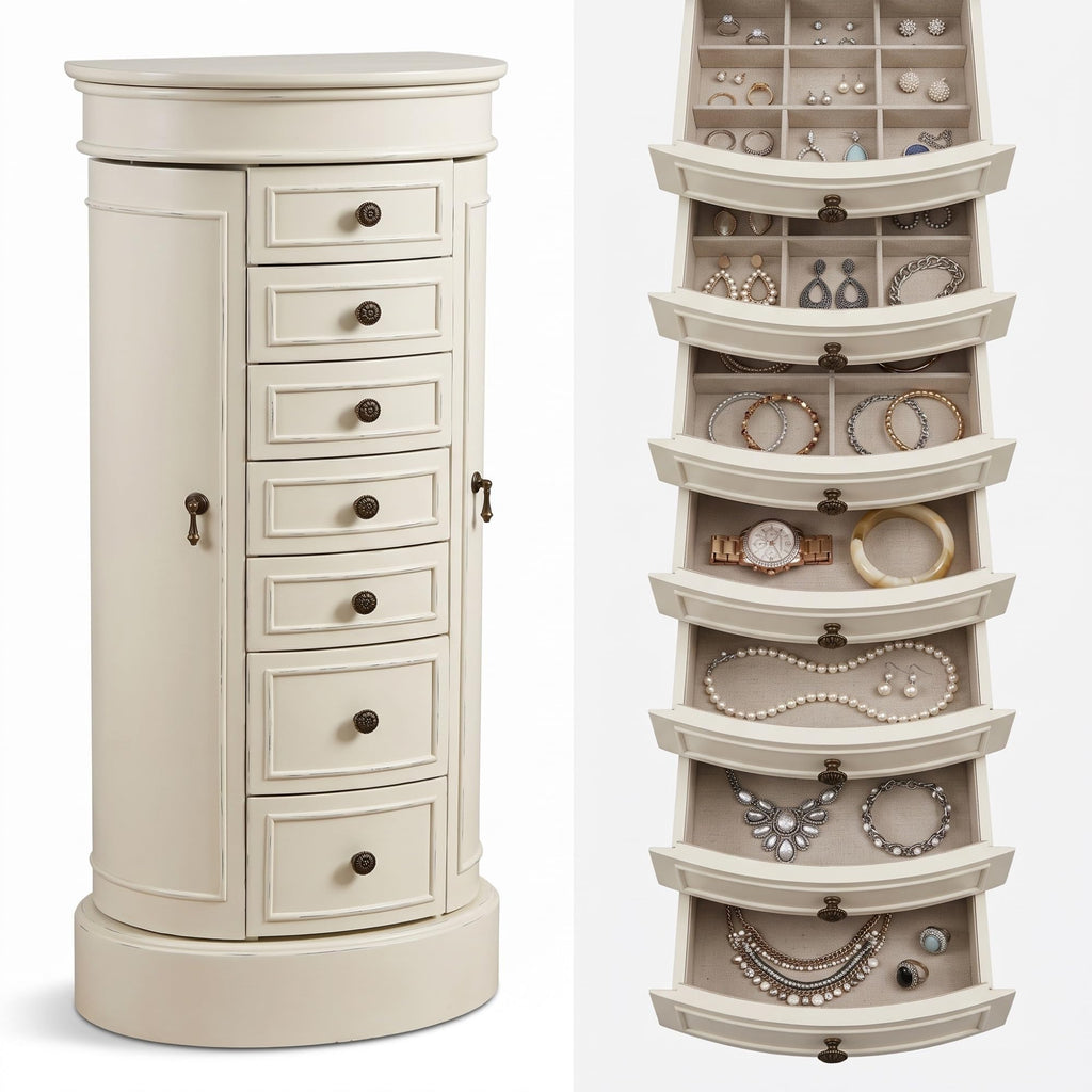 Bailey Oval Standing Jewelry Armoire Cabinet, Jewelry Storage Organizer with Mirror Lid, Side Doors, 7 Drawers