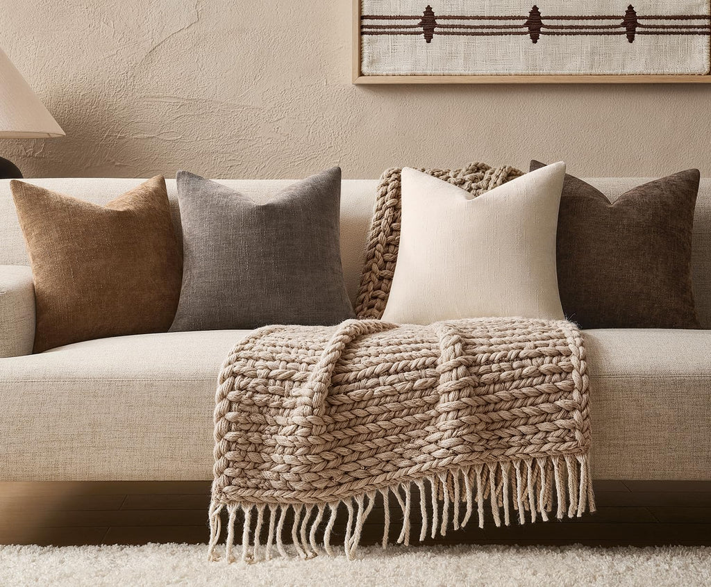Pack of 4 Throw Pillow Covers 18x18 Inch Chenille Textured Neutral Brown Soft Pillow Covers Solid Decorative