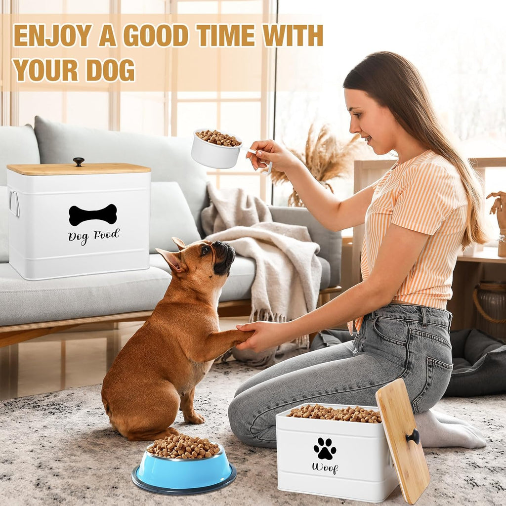 2Pcs Extra Large Metal Dog Food Containers Airtight 12&3.5 Lb, White