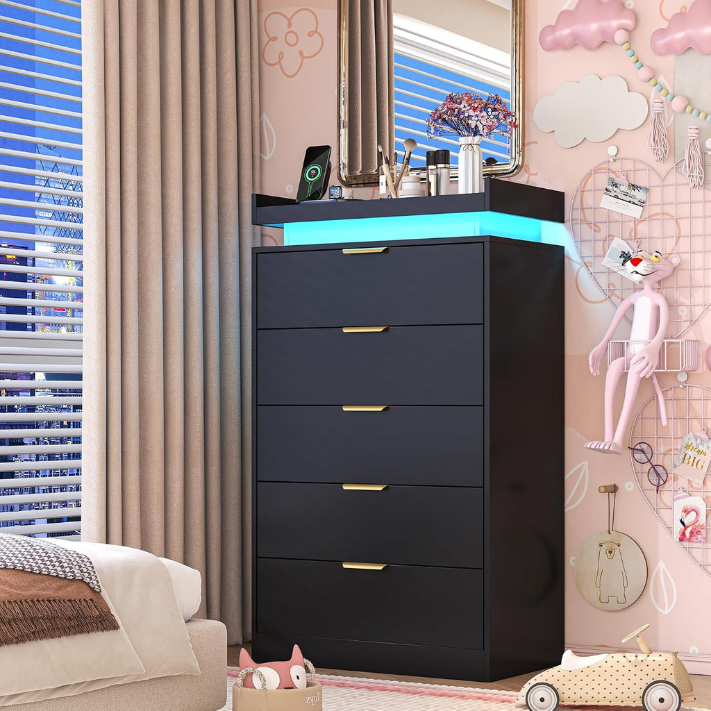 Tall Dresser , Black Dresser with LED Lights, Wood 5 Drawer Chest with Power Outlet, Modern Chest of Drawers