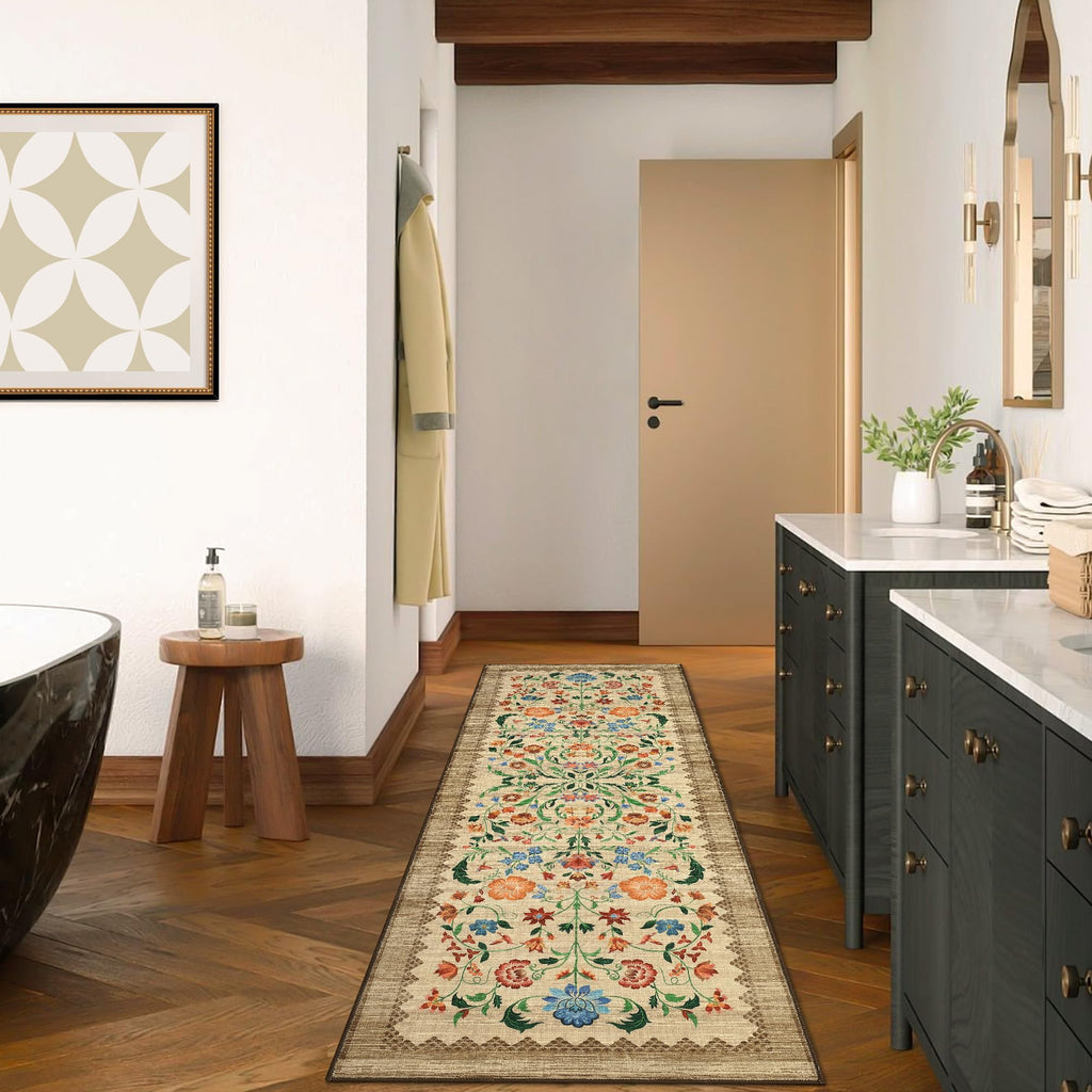 Floral Rug 2x6 Runners s, Boho Kitchen Runner Rugs Non Slip Bath Runners, Vintage Washable Runner Rug, Soft Long