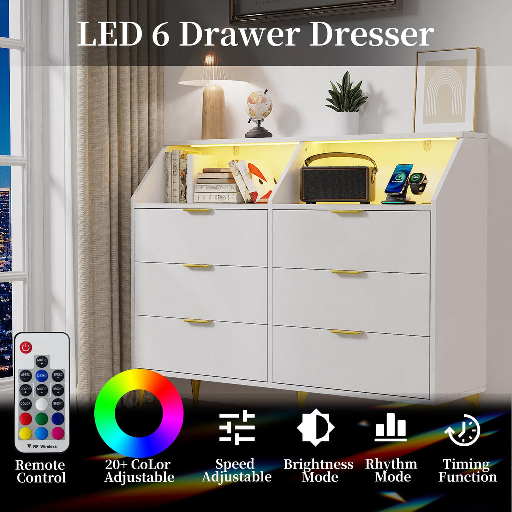 6 Drawer Dresser with LED Light, Chest of Drawers with Charging Station, Large Double Dressers, Wooden Dressers