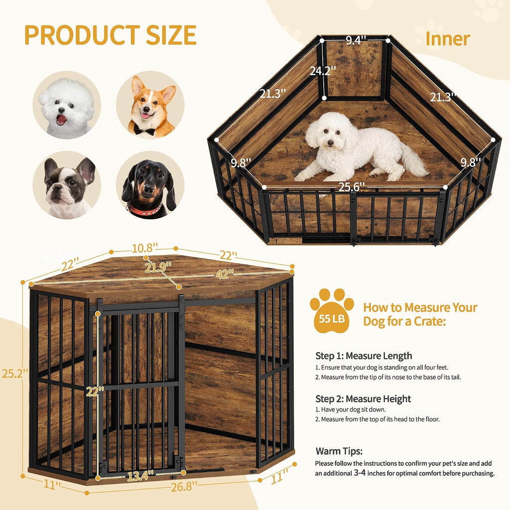 Corner Dog Crate Furniture Wooden Dog Kennel Indoor with Barn Door