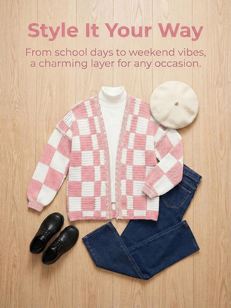 Girls Checkered Cardigan Sweater Open Front Knit Sweaters