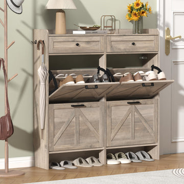 Shoe Cabinet with 4 Flip Drawers & 2 Storage Drawers, Rustic Farmhouse Narrow Shoe Organizer Cabinet, Slim Shoe Rack