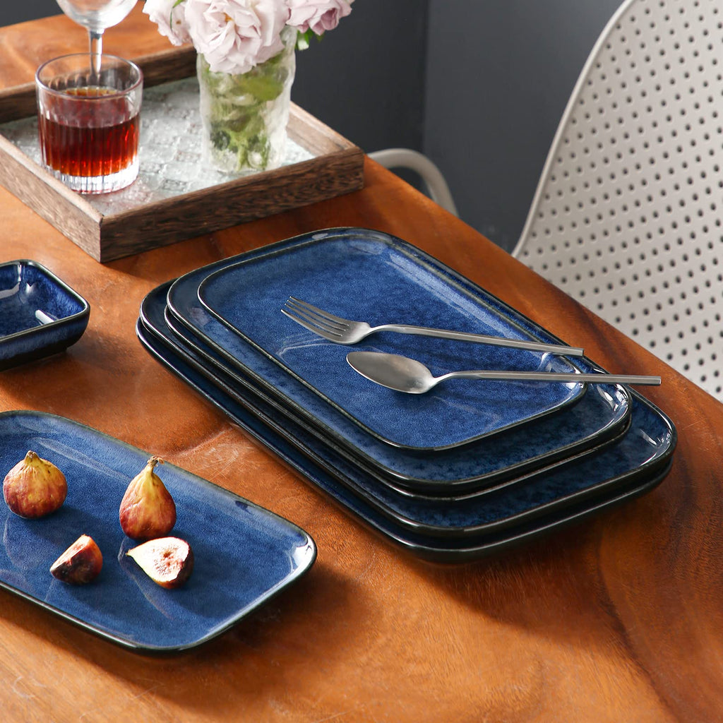 Stern Serving Platters Set of 3, 15/13/ 11 Inches Rectangular Serving Plates, Blue Serving Trays for Entertaining