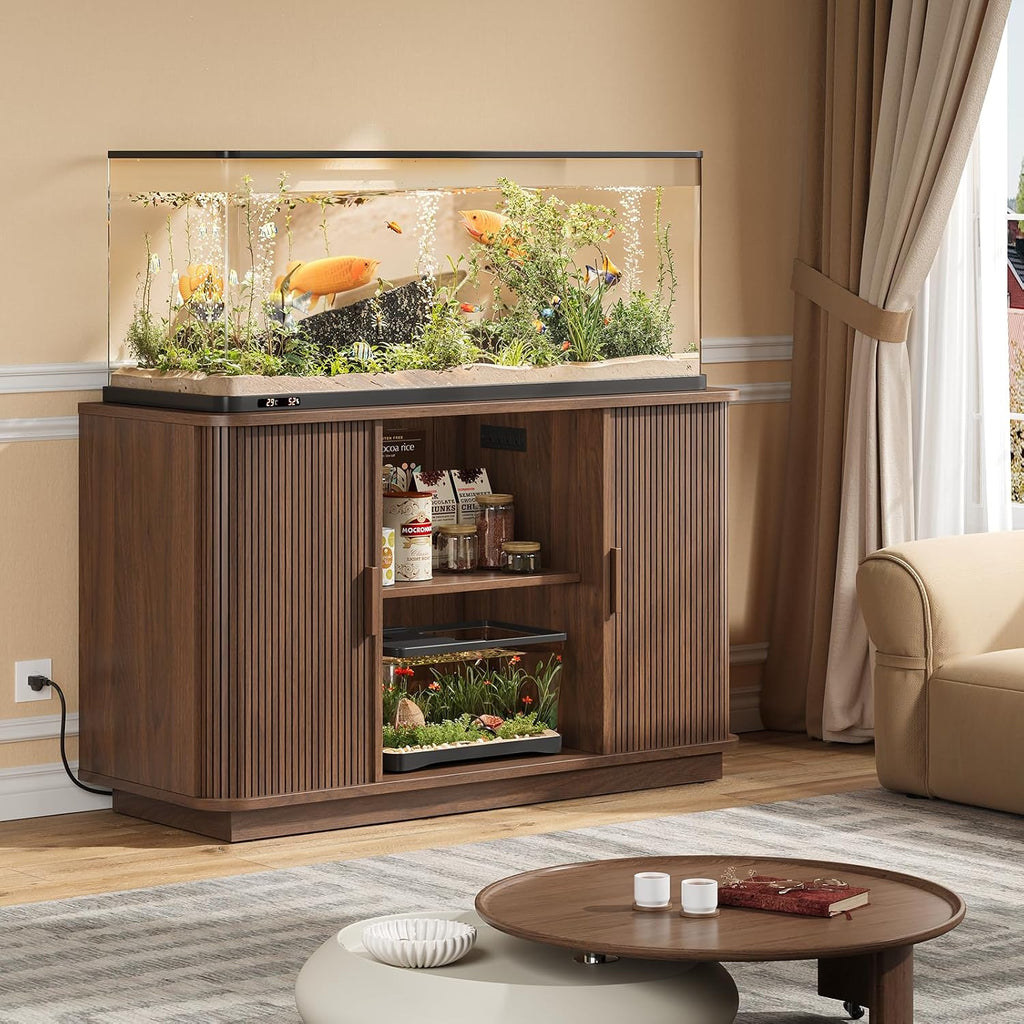 55-75 Gallon Fish Tank Stand with Power Outlet, Fluted Sliding Door