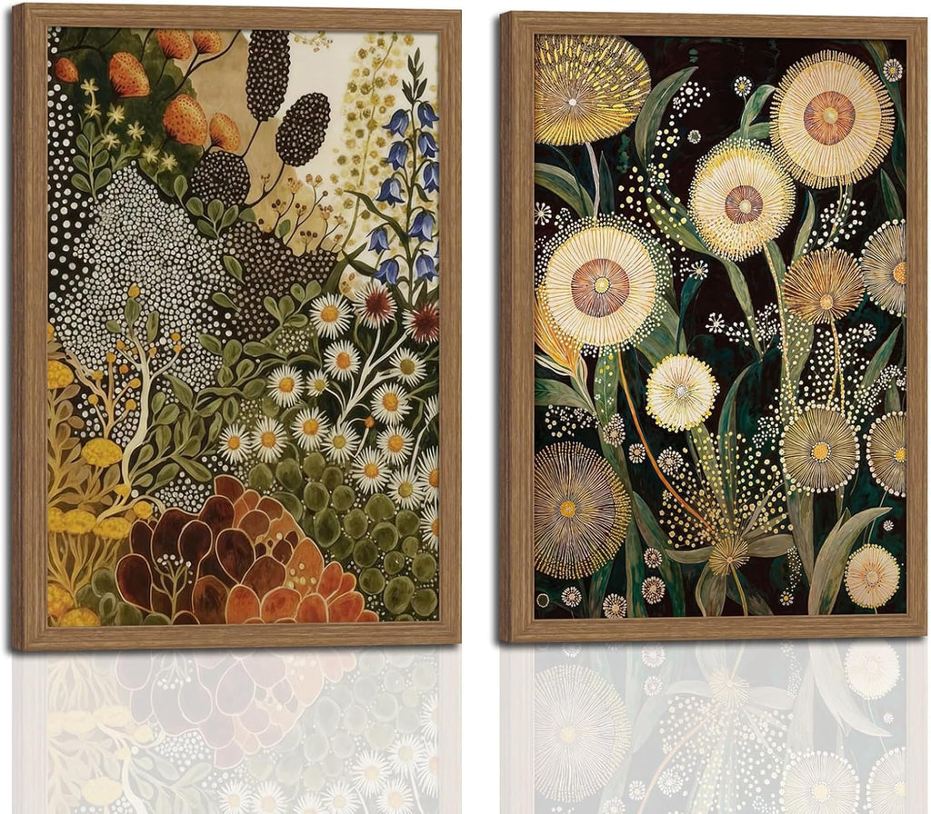 Dandelion Wall Art,(2 Pieces) Boho Botanical Floral Canvas Prints, Framed Vintage Plant Art Decor, Ready to Hang Wall