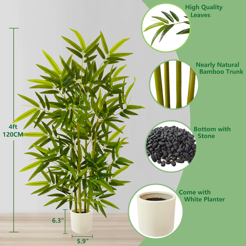 Artificial Bamboo Tree 4ft Green Faux Plant with White Planter
