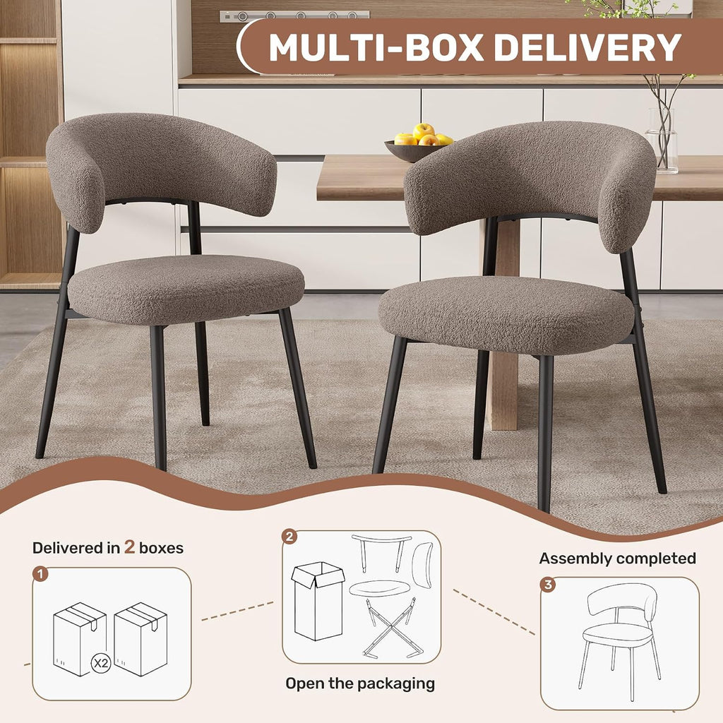 Dining Chairs Set of 4, Mid Century Modern Kitchen Chairs, Boucle Upholstered Dining Chair with Curved Backrest &