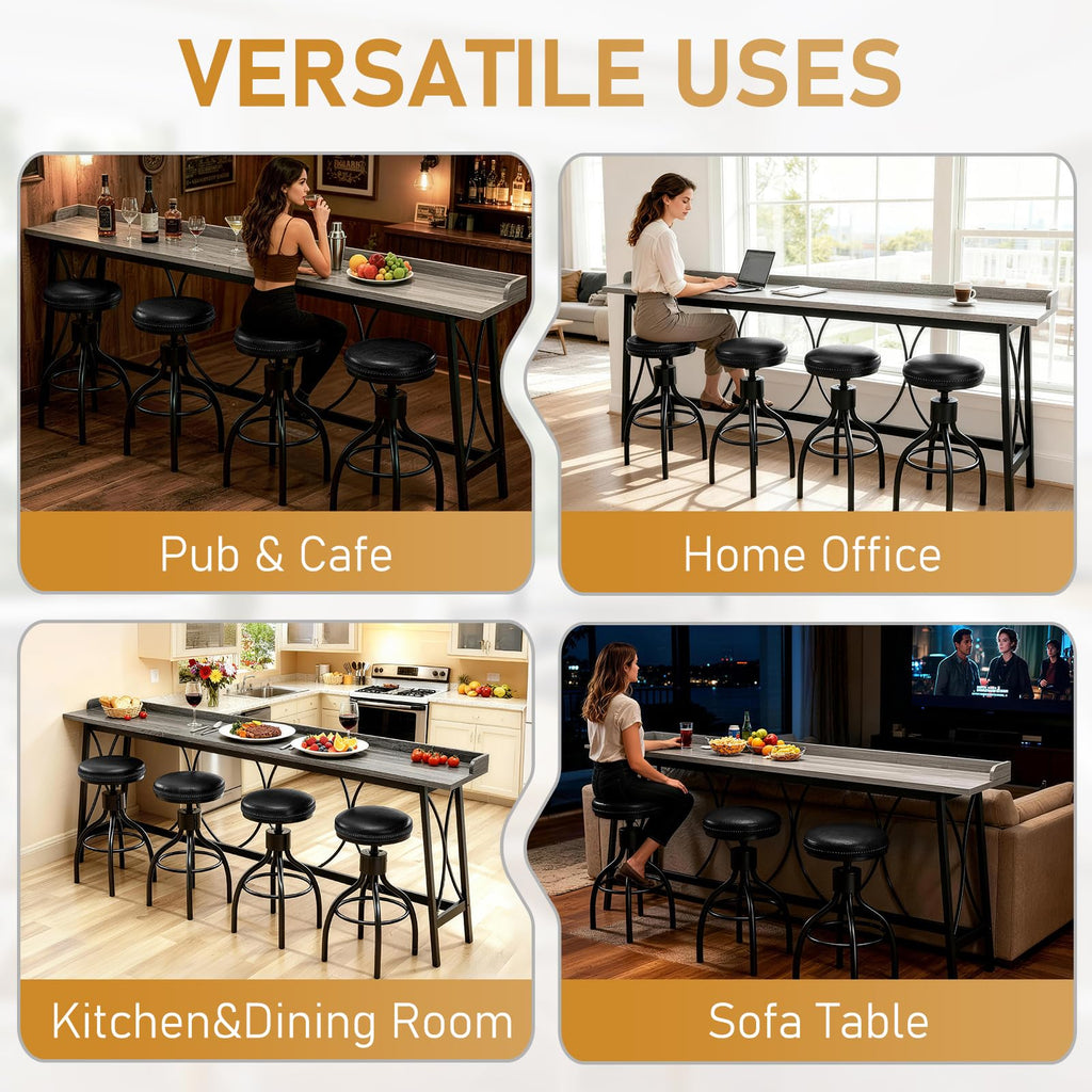 82.3" Bar Table, Counter Height Table with Back Rail, Wash Gray