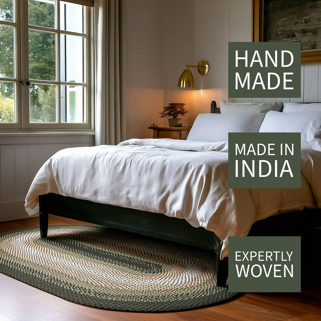 Oval 4' X 6' Green - Ivory Oval Braided Rug for Farmhouse Style Bedrooms and Living Rooms