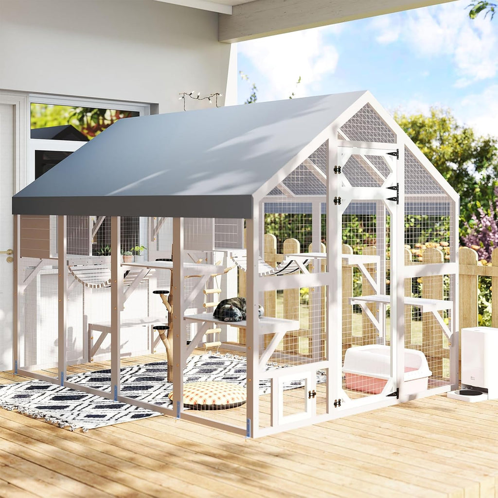 69.7" L Large Catio Outdoor Cat Enclosure, Walk-in Outdoor Cat House with 8 Platforms, 2 Hideouts