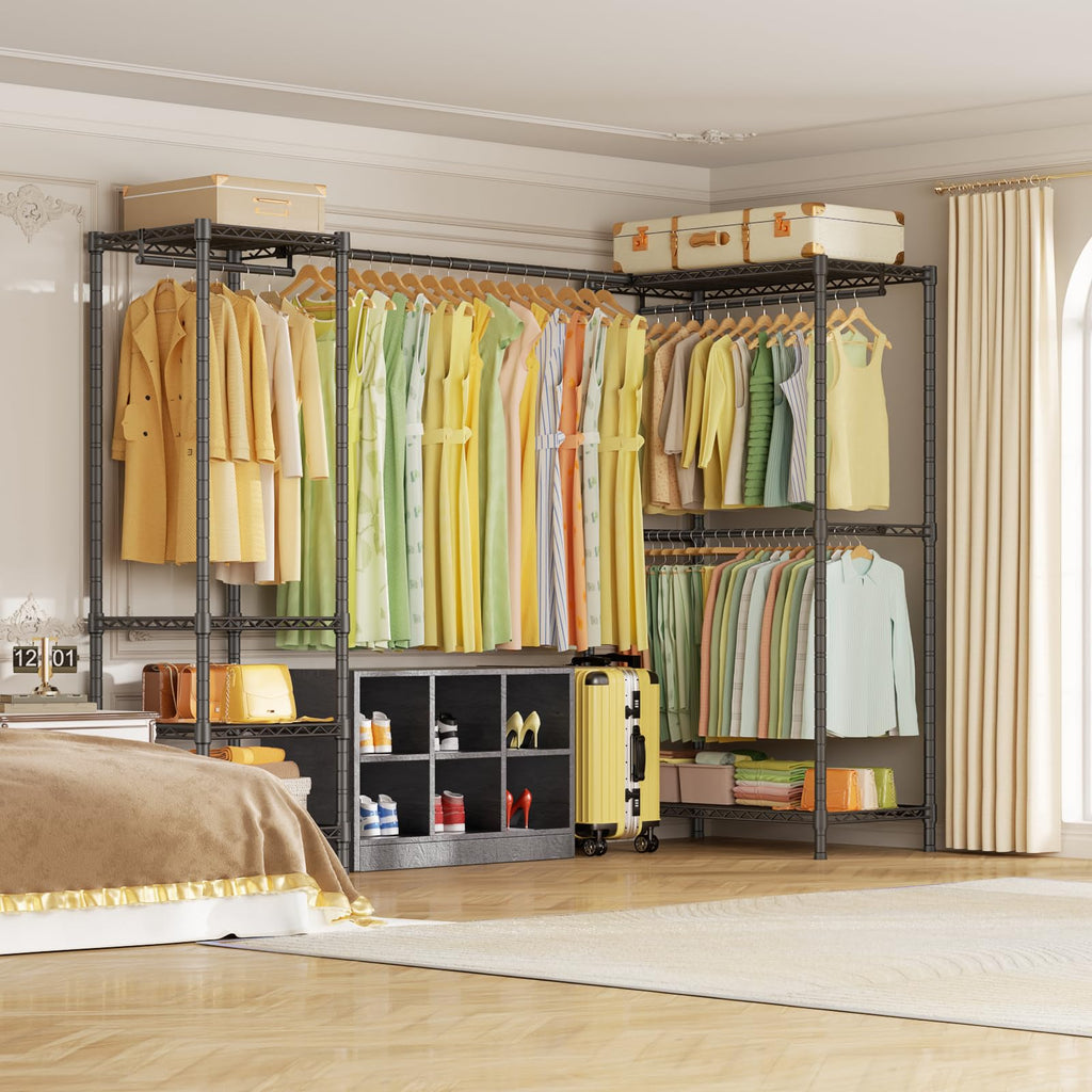 E10L L-Shaped Clothes Rack for Corner(With Expandable Hanger Rod)Heavy Duty Freestanding Clothing Racks for Hanging