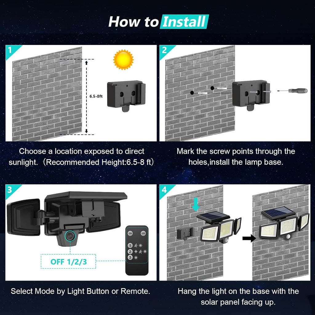 Solar Outdoor Lights 2500LM 210 LED Security Lights with Remote Control,3 Heads Motion Sensor Lights, IP65