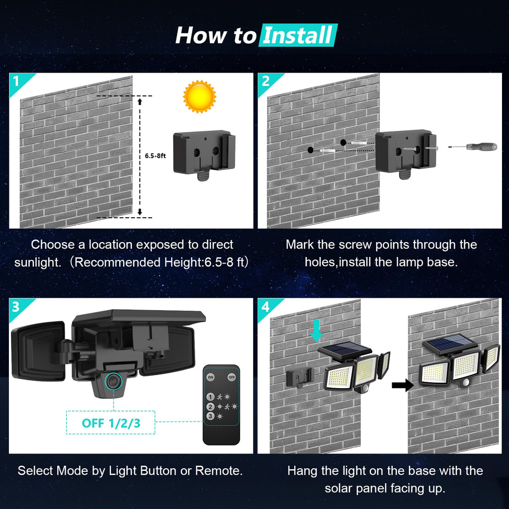 Solar Outdoor Lights 210 LED Security Lights with Remote Control, 3 Heads Motion Sensor Lights, IP65