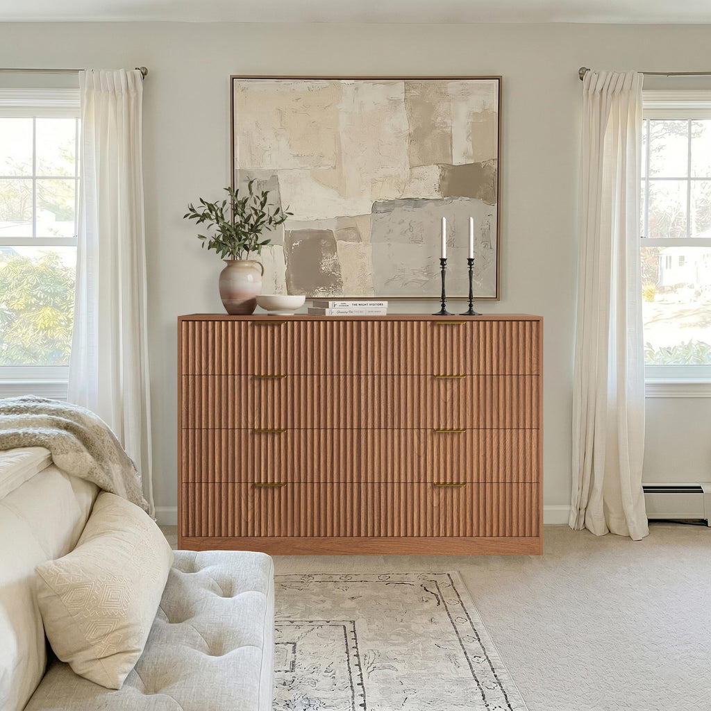 8 Drawer Dresser, 55" Wide Fluted Chest of Drawers with Gold Metal Handles, Modern Wooden Dresser, Closet Storage