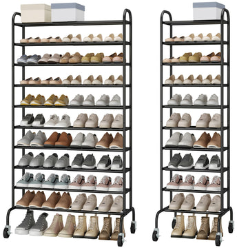 10-Tier Expandable Tall Shoe Rack for Garage, 44 Pairs, Black