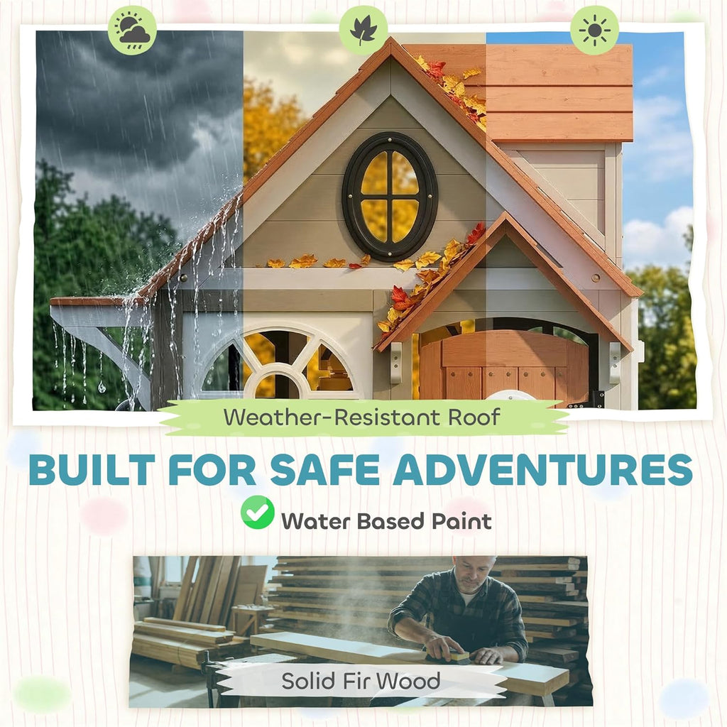 Outdoor Playhouse Wooden Kids Playhouse with Dog Door Ages 2+ Gray | Kids Cottage, Cookware, Blackboard, Clock