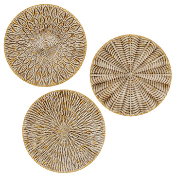 Set of 3 Rustic Floral Round Metal Wall Art - Intricate 3D Design with Sturdy Hooks, Gold and Beige Decorative Plates