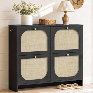 Rattan Shoe Cabinet, 9.5" Ultra-Thin Narrow Shoe Rack with 4 Flip Drawers, Boho Slim Shoe Storage Organizer with