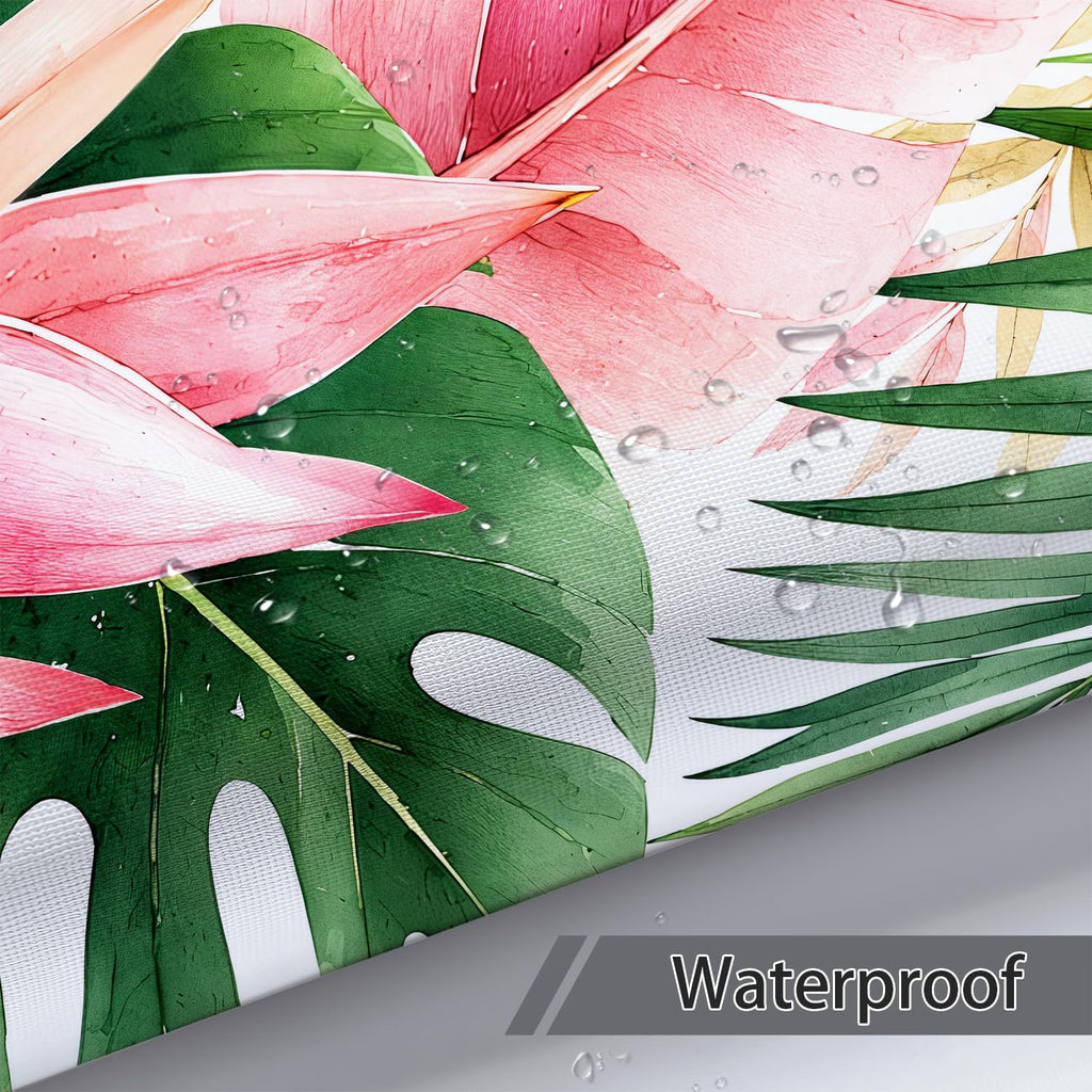 Pink and Green Tropical Shower Curtain, Botanical Palm Leaf Floral Boho Shower Curtains Set, Monstera Jungle Plant