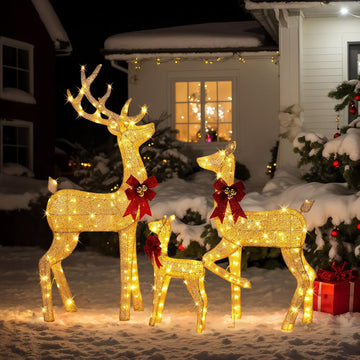 3-Piece Lighted Golden Christmas Reindeer Family Set, 5FT White Buck Doe Fawn Outdoor Decorations, Weatherproof Deer