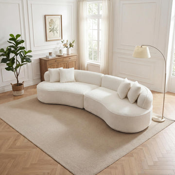 114" Boucle Curved Modular Sectional with 4 Pillows, White