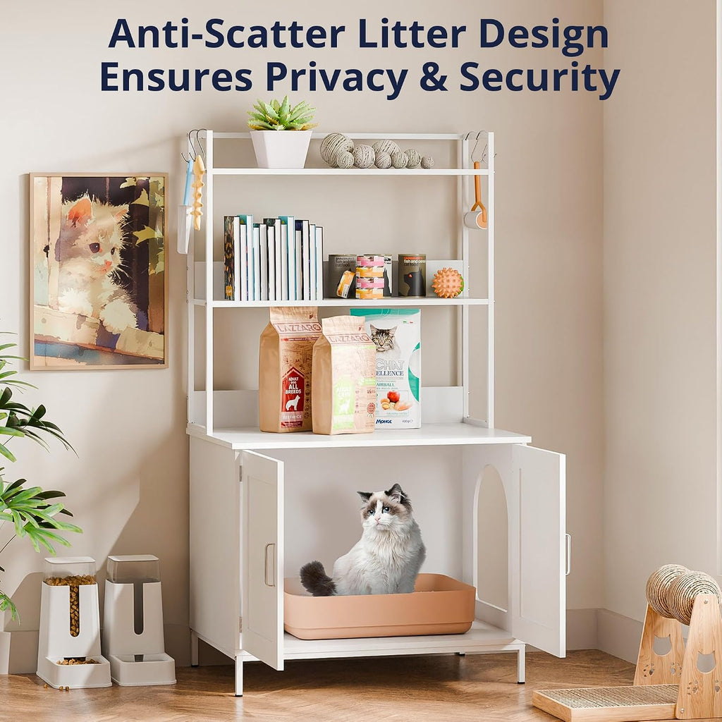 Cat Litter Box Enclosure with Storage, 57'' Hidden Cat House Furniture, Wooden Cat Cabinet with Shelves & 4 S-Hooks
