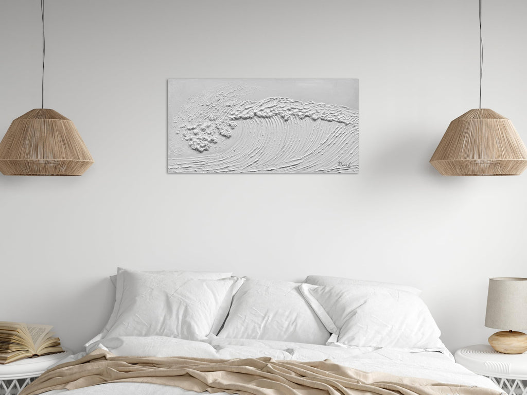 Solid Color White Textured Canvas Wall Art Abstract Beach Waves Landscape Oil Painting Handmade Contemporary Modern