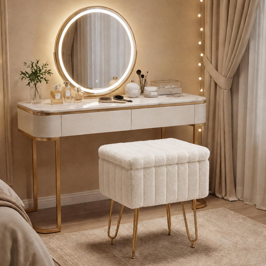 Vanity Stool Chair Faux Fur with Storage, Soft Ottoman 4 Metal Legs with Anti-Slip Feet, Makeup Cute Soft Small