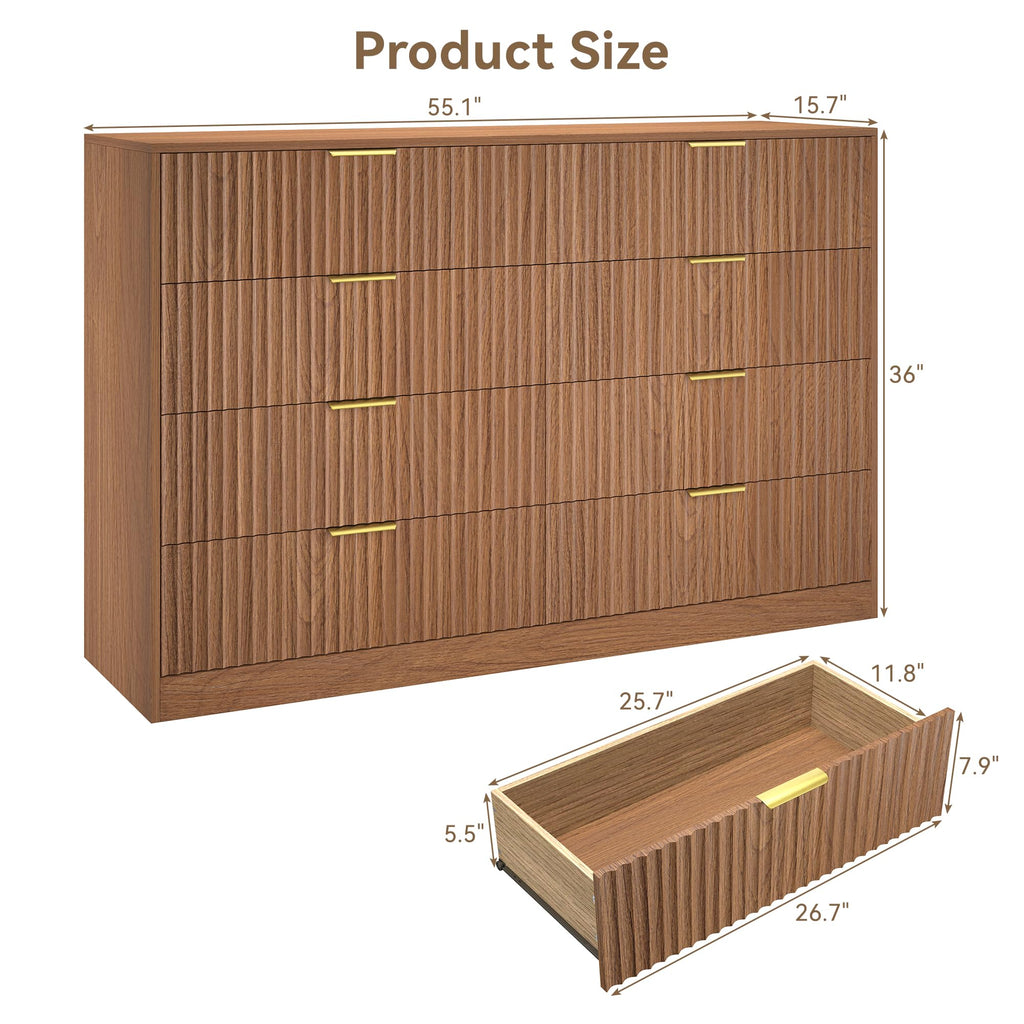8 Drawer Dresser, 55" Wide Fluted Chest of Drawers with Gold Metal Handles, Modern Wooden Dresser, Closet Storage