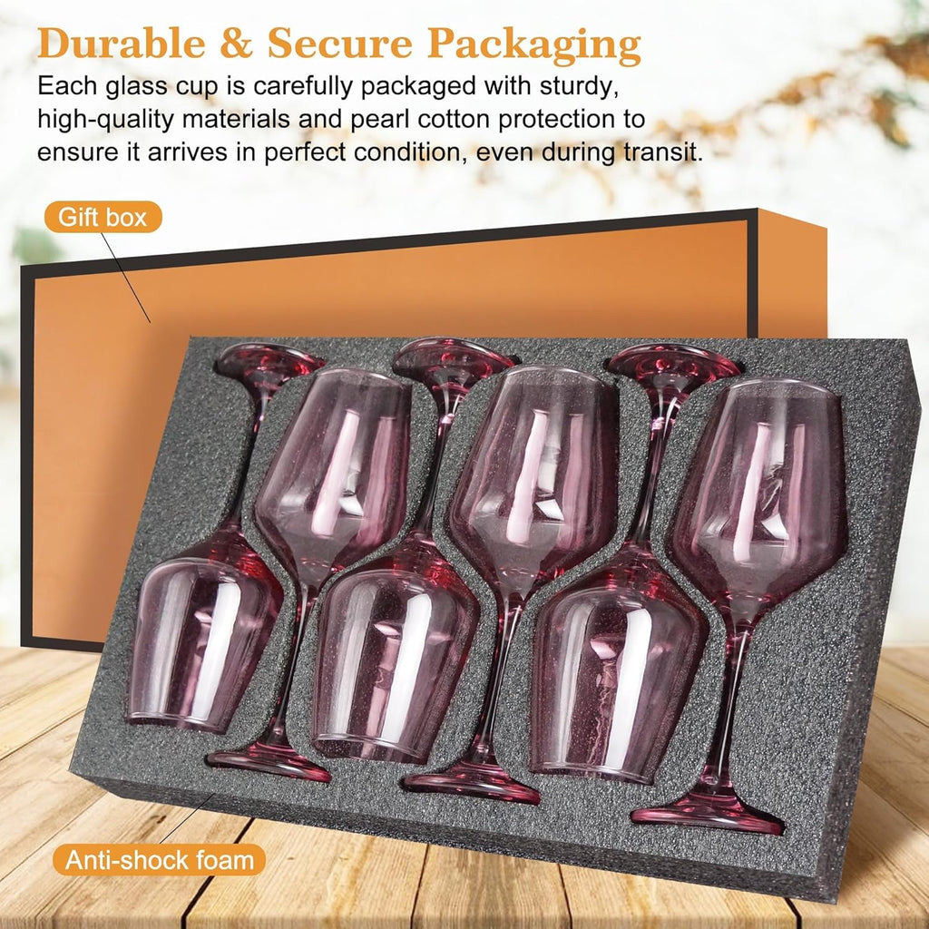 Pink Wine Glasses Set of 6, 12oz Stemmed Glasses, Thick & Colored, Dishwasher Safe Stemware for Red or White, Gift