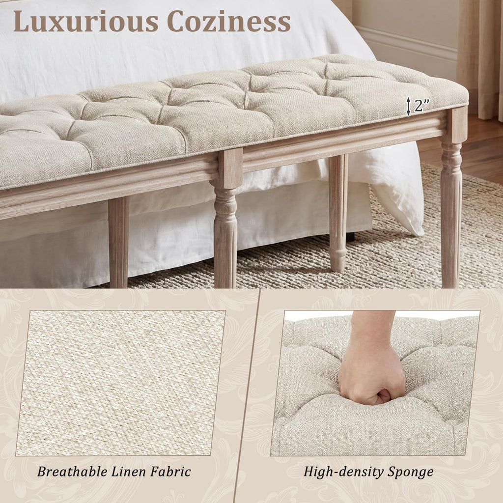 47.5-inches Upholstered Dining Bench, 2-Pack Button-Tufted Table Bench with Carved Rubber Wood Legs, Padded Seat