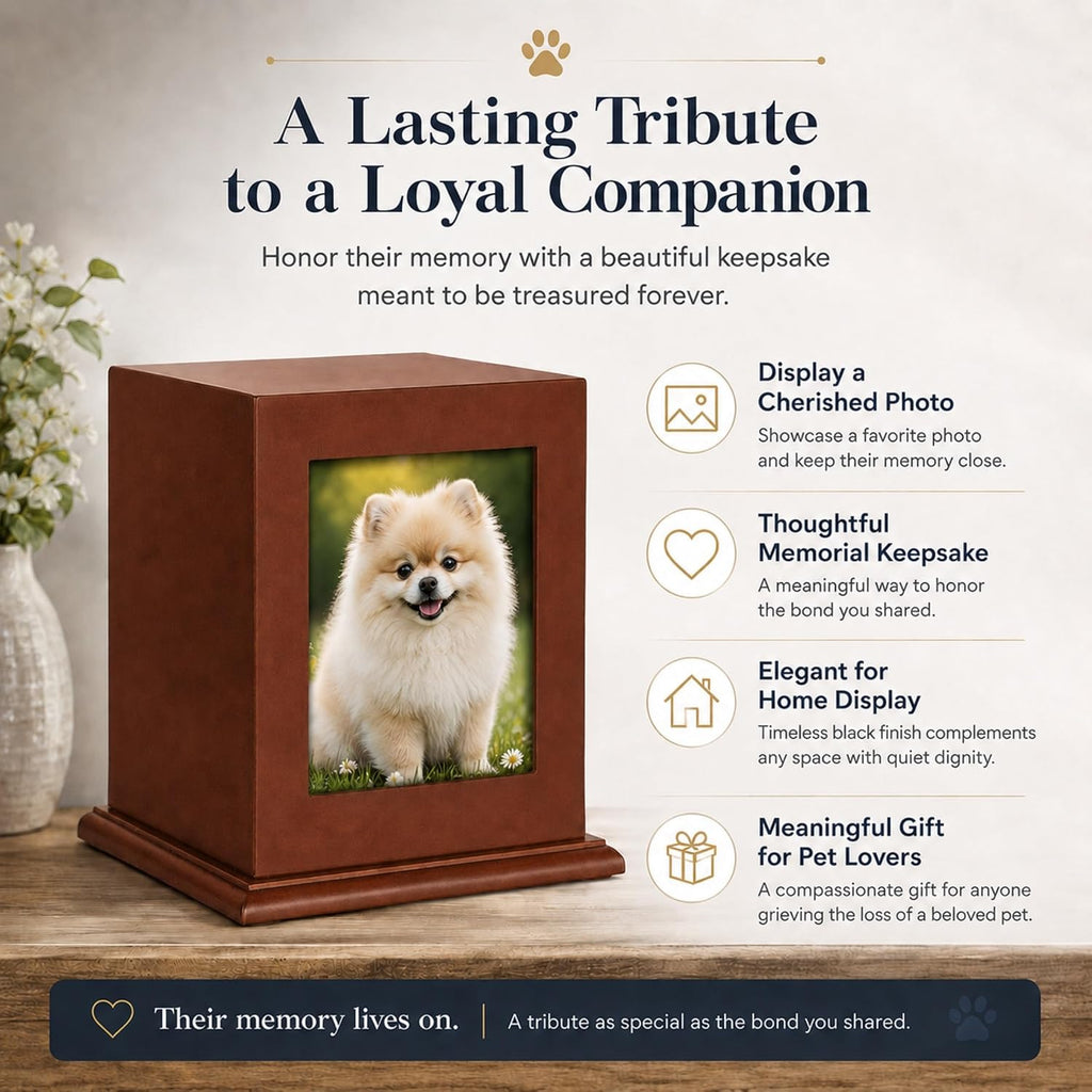 Dog Urn for Ashes - Wood Pet Cremation Box with Photo Frame, Cat Dog