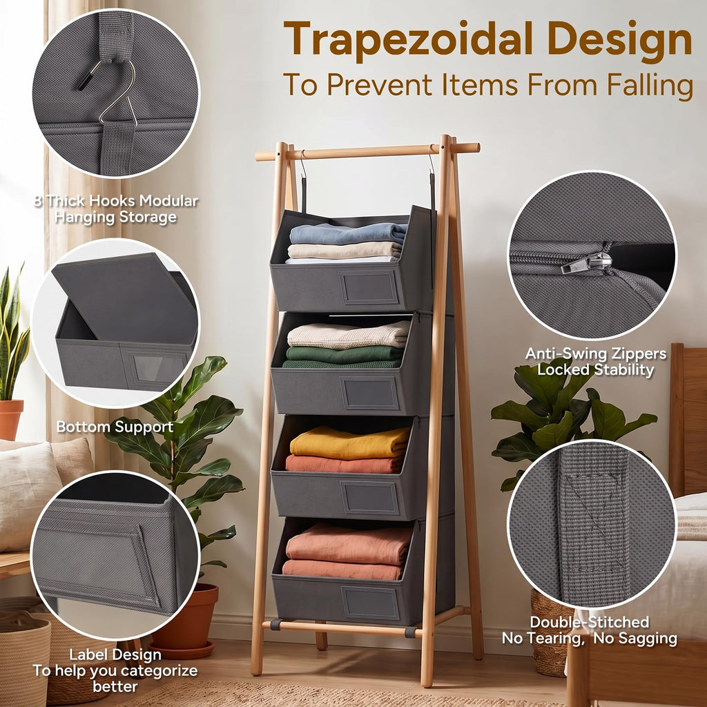 4-Tier Hanging Closet Organizer, Detachable Hanging Storage Shelves with Reinforced Side Panels, Hanging Closet
