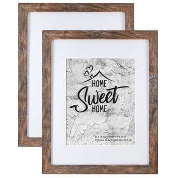 Rustic Brown 11x14 Picture Frame - Display Photos 8x10 with Mat or 11x14 Without Mat - Real Glass Inside - Set of 2