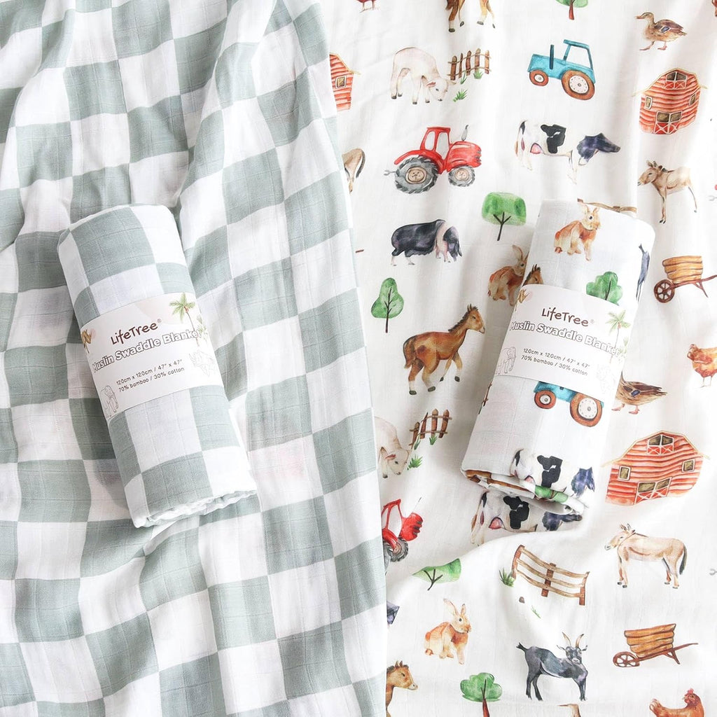 Muslin Swaddle Blankets, Farm Animals Baby Swaddling Wrap Nursery Receiving Blanket for Boys & Girls, Soft 70%