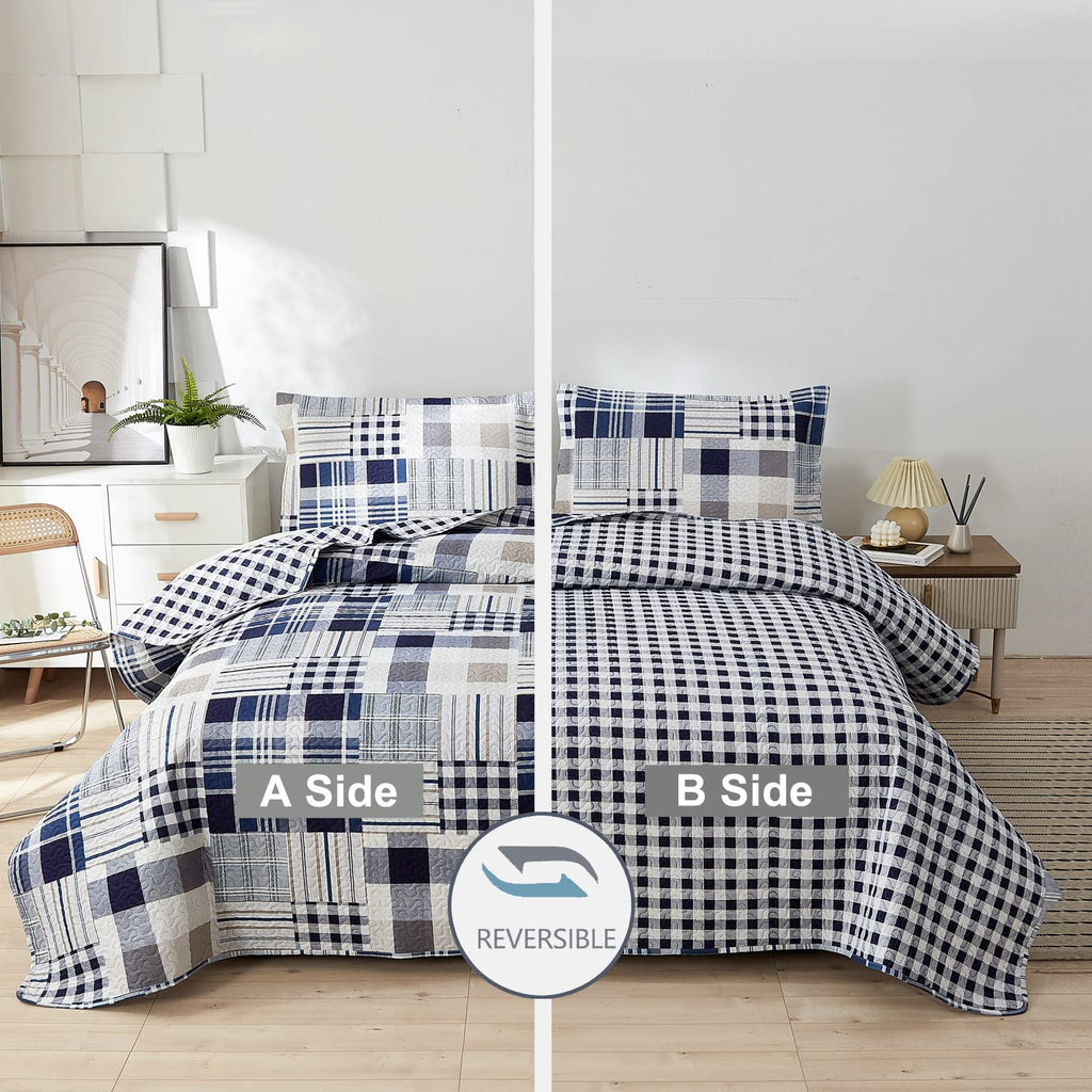 3 Pcs Patchwork Bedding Plaid Quilts Set Navy Blue Buffalo Bedspreads Summer Lightweight Coverlet with