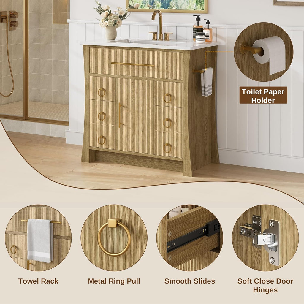 36" Freestanding Bathroom Vanity with Sink - Vanity Cabinet with 4 Drawers & Flip-Down Storage
