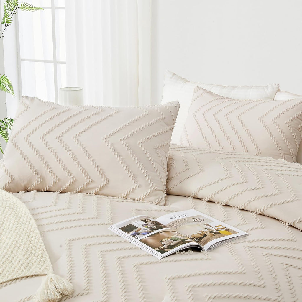 Queen Comforter Set Beige, Comforters Queen Boho Cream Soft Warm Tufted Neutral Bedding Comforter Sets for Queen Bed