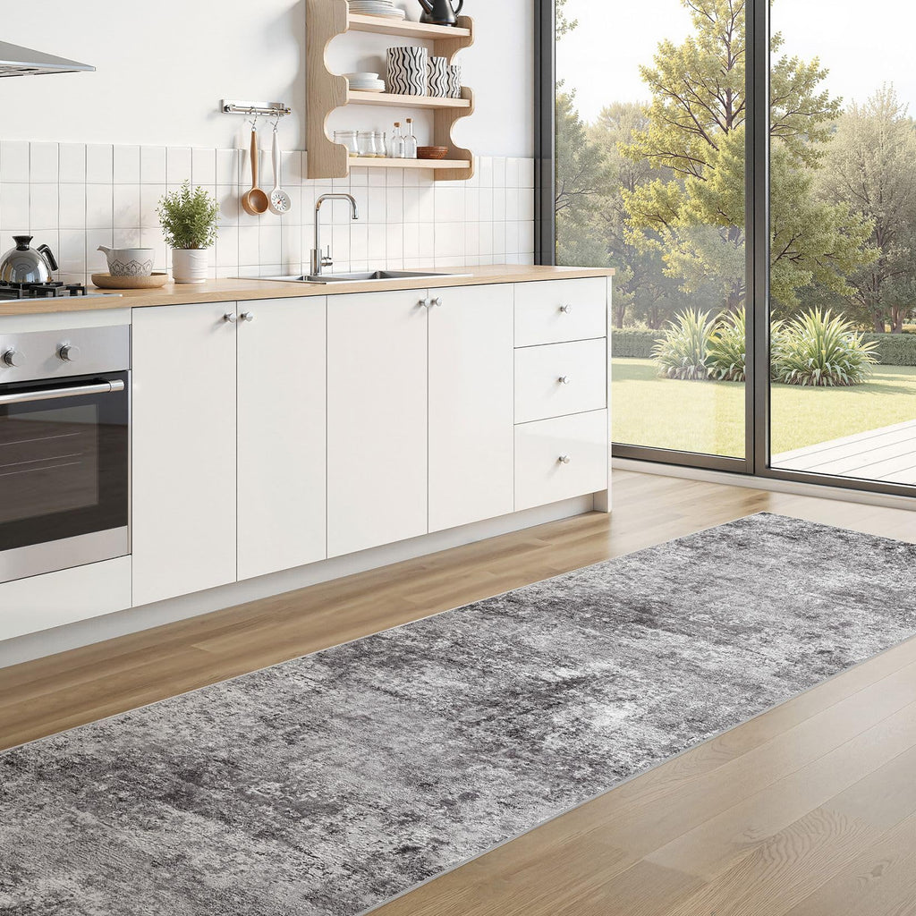 Washable Runner Rug : 2.6x8 Neutral Modern Abstract Low Pile Area Rug with Non-Slip Backing - Carpet Kitchen Laundry