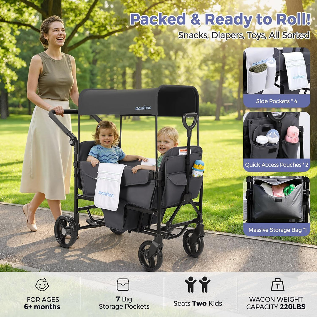 Wagon Stroller for 2 Kids, All-Terrain Foldable Baby Wagon, Gray