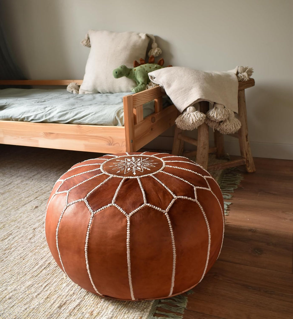 Premium Pouf - - Delivered Stuffed - Ottoman, Footstool, Floor Cushion (Cognac Brown)