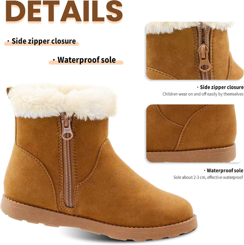 Girls-Boots-Warm-Ankle-Winter-Boots Kids Soft Plush Lining Fur Collar with Zipper Snow Bootie Indoor Outdoor Shoes