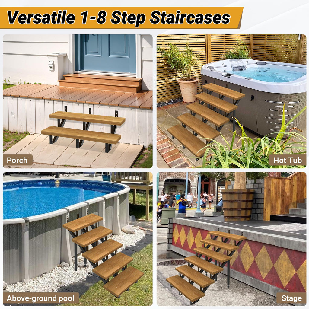 Steel Stair Step Riser 5-Step-3 Pack, Metal Stair Stringer with Reinforcing Support Legs, Heavy Duty Steel Stair