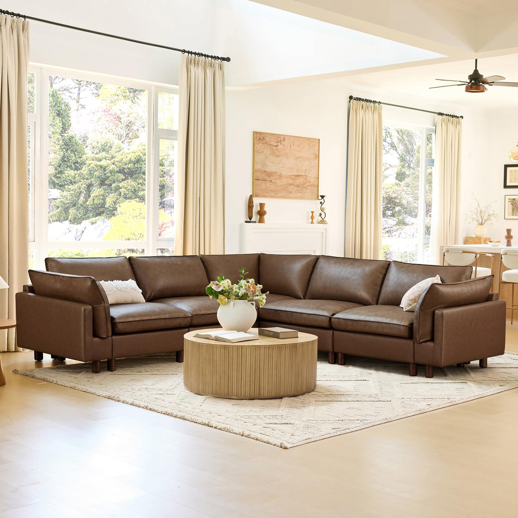 118" Leather Super Large Sectional Couches, Modular Sofa, Premium Genuine Leather Sofa, Down Filled, High Density